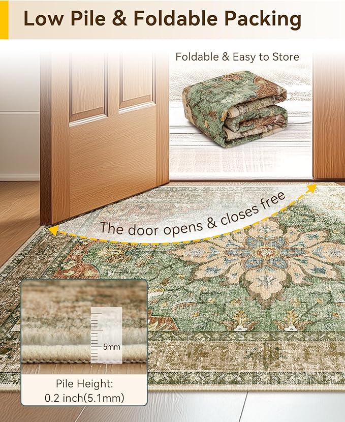 Area Rugs Square 7ft Washable Non-Slip, Floral Vintage Distress Print Pattern Medallion Carpet for Living Room Bedroom Dining Room, Brick Red Rust Neutral Brown Burnt Orange Green
