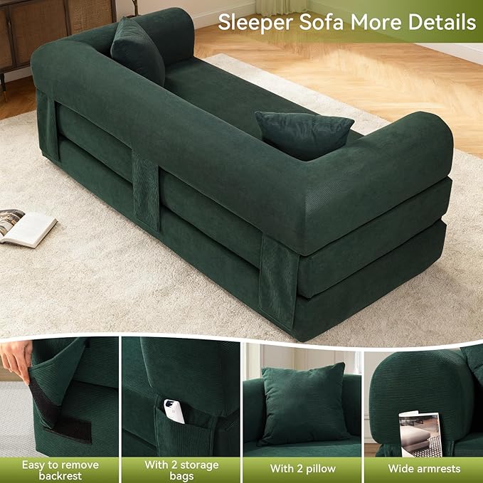 Convertible Futon Sofa Bed,80" Folding Pull Out Couch Bed with Storage,Queen Sleeper Sofa Bed,Compressed Couch in a Box,Corduroy Boneless Couches for Living Room,Deep Green