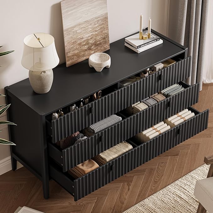 Black 6 Drawer Dresser for Bedroom, Modern Wood Dresser, Fluted Design Double Chest of Drawers with Wood Legs, TV Stand Storage Cabinet for Bedroom, Living Rooms, Offices, and Entryways