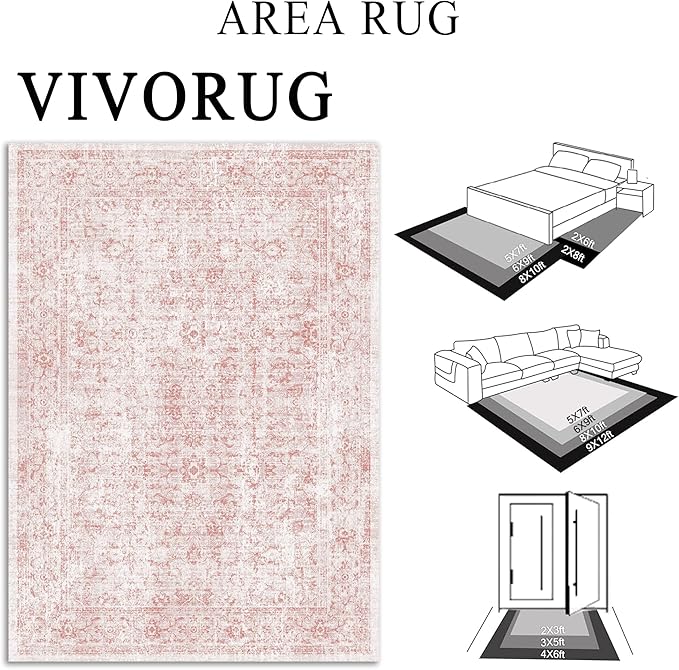 vivorug 5x7 Area Rugs - Ultra-Thin Washable Rug with Non-Slip Backing, Ideal for Living Room, Bedroom, Dining Room Indoor - Vintage, Easy Clean, Durable, Low Pile Rug Pink