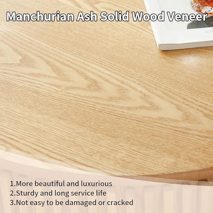 LKTART Round Coffee Table for Living Room, Accent Fluted Drum Coffee Table with Storage, Modern Solid Wood Veneered Circle Center Tea Table for Small Space Apartment (31.5''D×14''H-Natural)