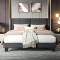 Upholstered King Size Bed Frame with Linen Fabric Headboard, Strong Wooden Slats Support, Noise Free, No Box Spring Needed, Dark Grey