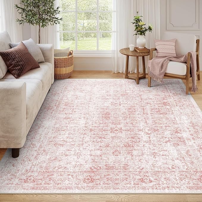 6x9 Area Rug, Ultra-Soft Washable Rug for Living Room, Dinner Room, Bedroom, Non-Slip Vintage Floral Rug, Indoor Carpet Large Area Rug, Pink