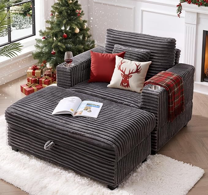 ONBRILL Corduroy Oversized Chair with Ottoman, 44" Wide Armchair with Cup Holders & USB Port, Reading Chair w/Storage Armrest, Easy Assembly, Comfy Single Sofa Bed for Living Room, Apartment, Grey