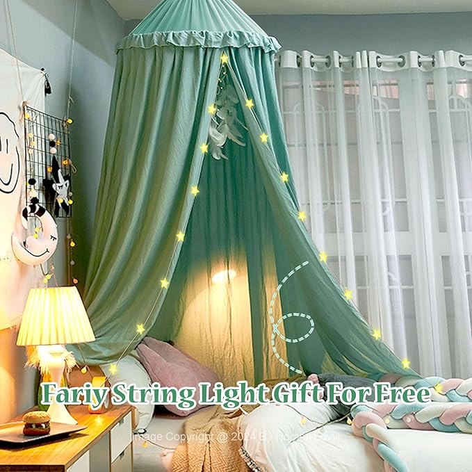 Bed Canopy for Girls, Dreamy Frills Ceiling Hanging Princess Canopy Bedroom Decoration Soft Canopy Net Reading Nook, Extra Large Full Queen Size Bed Canopies - Green