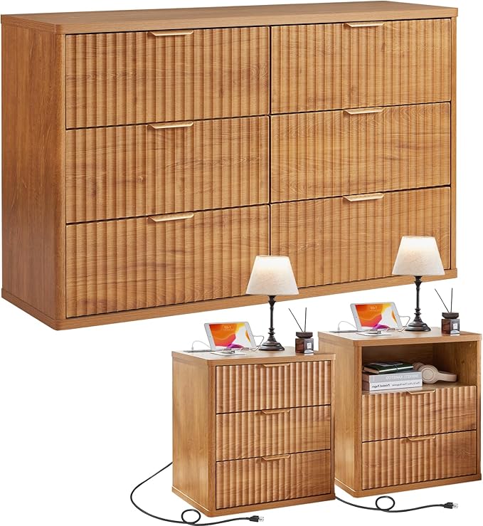 LEYAOYAO 48" Wide Fluted Dresser and 23" Nightstand Set of 2, Wooden Dresser & Night Stand with Charging Station, 3 Piece Bedroom Furniture Set, Chest of Drawer for Living Room,Brown