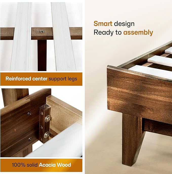 Acacia Aurora Bed Frame with Headboard Solid Wood Foundation, Queen Bed Frame, Contemporary Signature Solid Wood Foundation Compatible with All Mattress Types, Non-Slip and Noise-Free, Chocolate