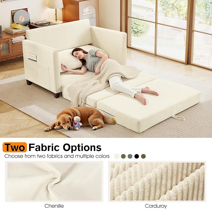 51" Loveseat Sleeper Sofa Bed, Corduroy Convertible Floor Sofa Bed for Small Spaces, Folding Couch Bed with Deep Seat, 2 Pillows & Solid Frame, Pull Out Floor Couch for Living Room, Beige