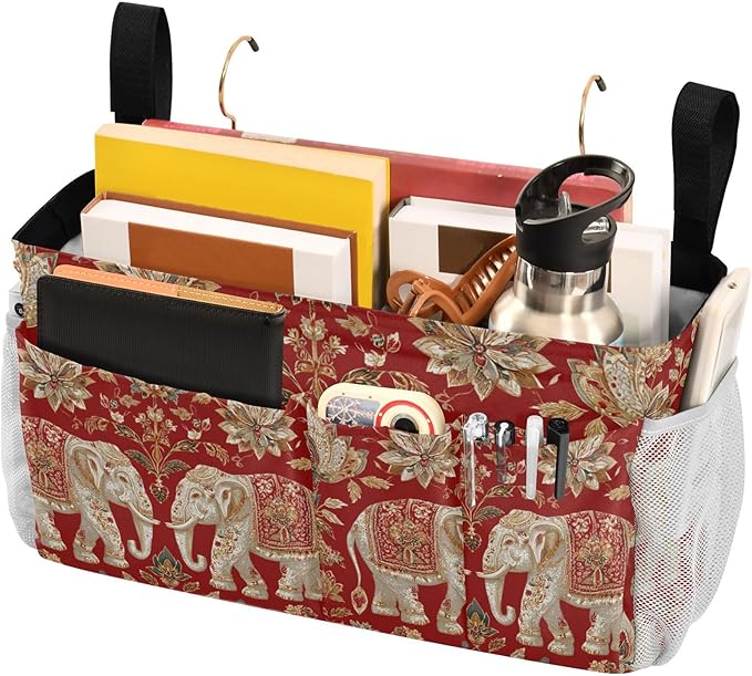 Bedside Caddy Hanging Bunk Bed Caddy Bed Organizer Hanging Pocket with 2 Hooks Bedside Storage Organizer Pocket Bag Holder Red Retro Elephant Flowers