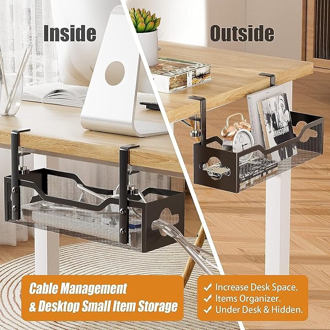 Under Desk Cable Management Tray 15.95", Quszmd Cable Organizer No Drill, Standing Cord Organizer and Wire Management Tray - No Damage to Desk, Black