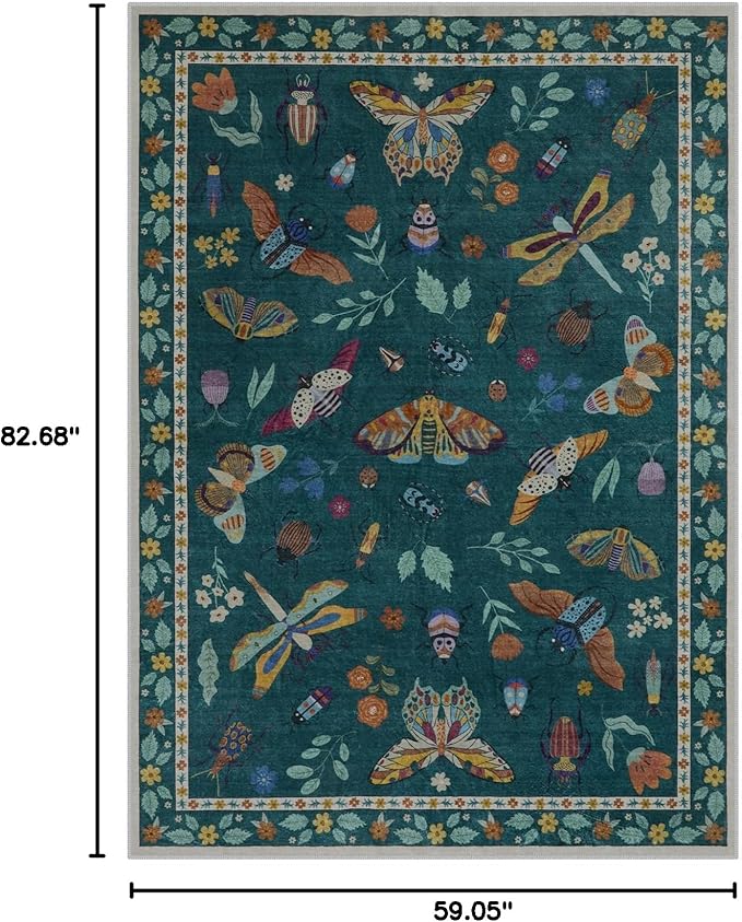 Lahome Insect Print 5x7 Area Rugs for Living Room, Soft Washable Rugs for Bedroom Ultra-Thin Non Slip Modern Rug, Stain Resistant Throw Rug Carpet for Office Nursery Dining Room(5'x7',Dark Green)