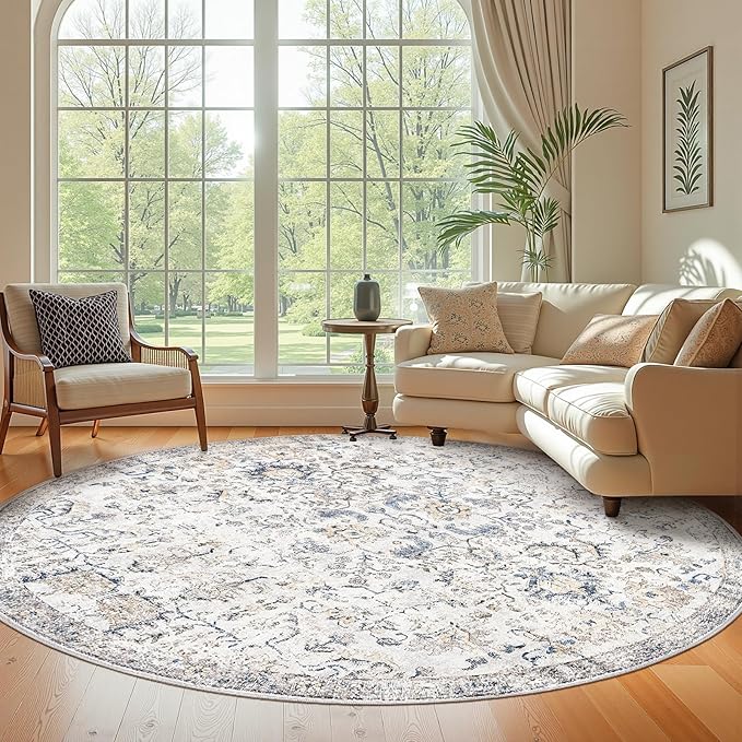 jinchan Kalen Round Rug 8ft Area Rug Washable Vintage Indoor Retro Accent Floor Cover Distressed Floral 8' Round Circle Boho Non Slip Thin Carpet for Living Room Dining Room Bedroom Kitchen Blue