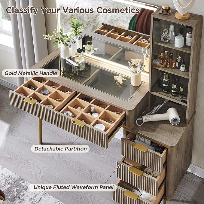 T4TREAM Fluted Makeup Vanity Desk with 36" HD Lighted Mirror, 48" Big Modern Vanity Desk with Mirror and Lights, Dressing Table with 5 Drawers & Shelves, Glass Top for Bedroom (Alder Grey)