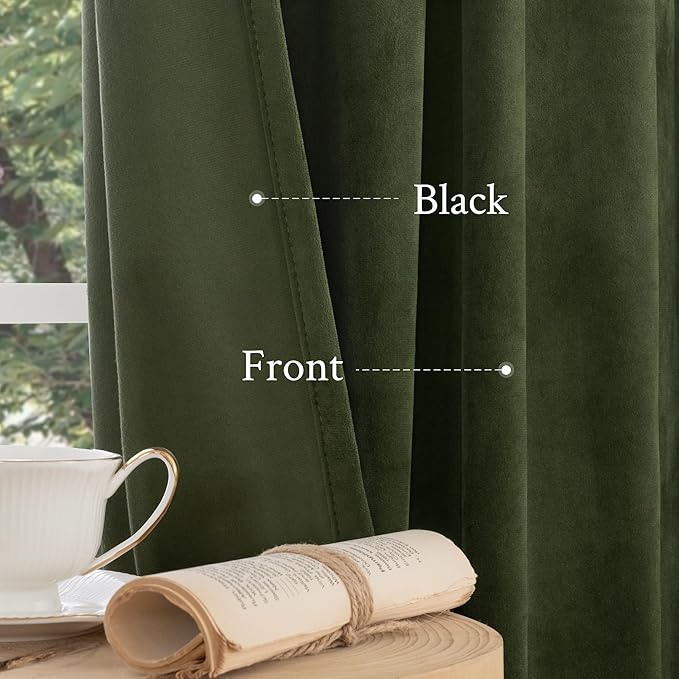 LAMIT Olive Green Velvet Curtains 72 Inch for Living Room, Luxury Thermal Insulated Blackout Curtains Room Darkening Christmas Back Tab and Rod Pocket Window Drapes for Bedroom, 2 Panels, 52 x 72 Inch