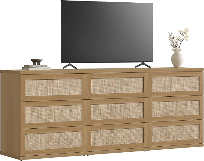 SICOTAS Dresser for Bedroom - 75" Wide 9 Drawer Dresser Rattan Dressers & Chests of Drawers Boho Drawers for Bedroom Bedside Table Clothes Long Closet Storage for Closet Hallway Entryway