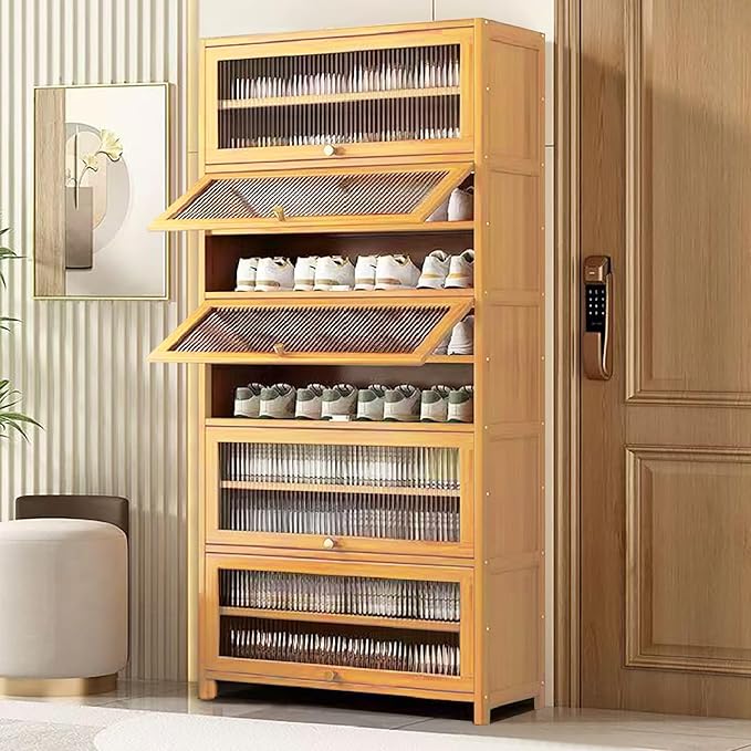 Tall Shoe Cabinet with Clear Doors, Large Capacity Bamboo Shoe Cabinet, 40-45 Pairs Shoe Rack Organizer for Closet Entrance, Hallway, Living Room, Bedroom