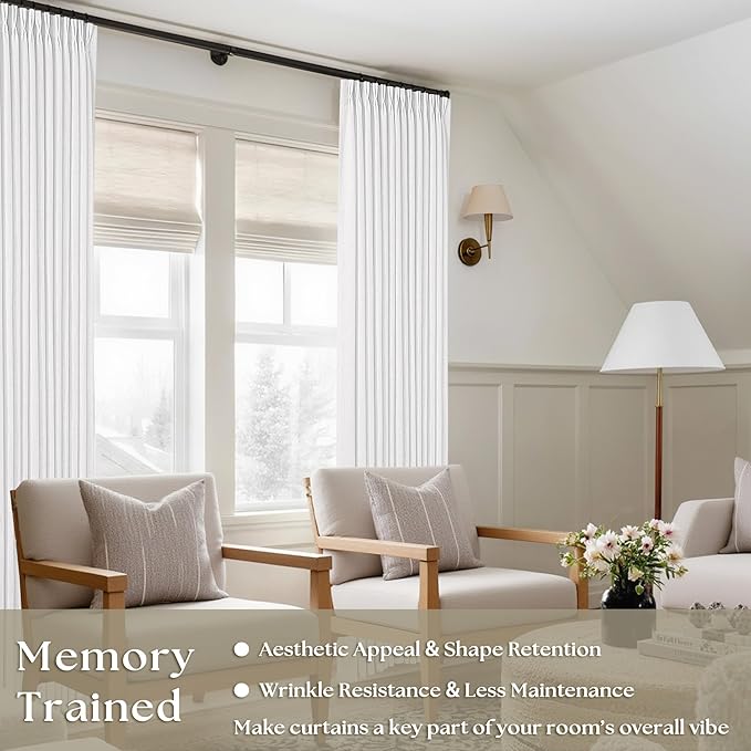 Snow White Pinch Pleated Linen Curtains 92 Inches Long 2 Panels for Living Room Bedroom Memory Training Shaped Semi Sheer Pleat Drapes with Hooks Rings Light Filtering Window Curtain 40x92
