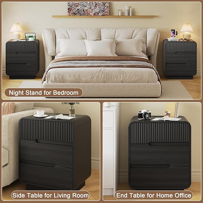 8 Drawer Dresser and 2 Nightstand Sets for Bedroom 3 Pcs Bedroom Set, Modern 39.4" Fluted Dresser with Invisible Handles Nightstand Charging Station, Bedroom Furniture Set for Living Room, Black