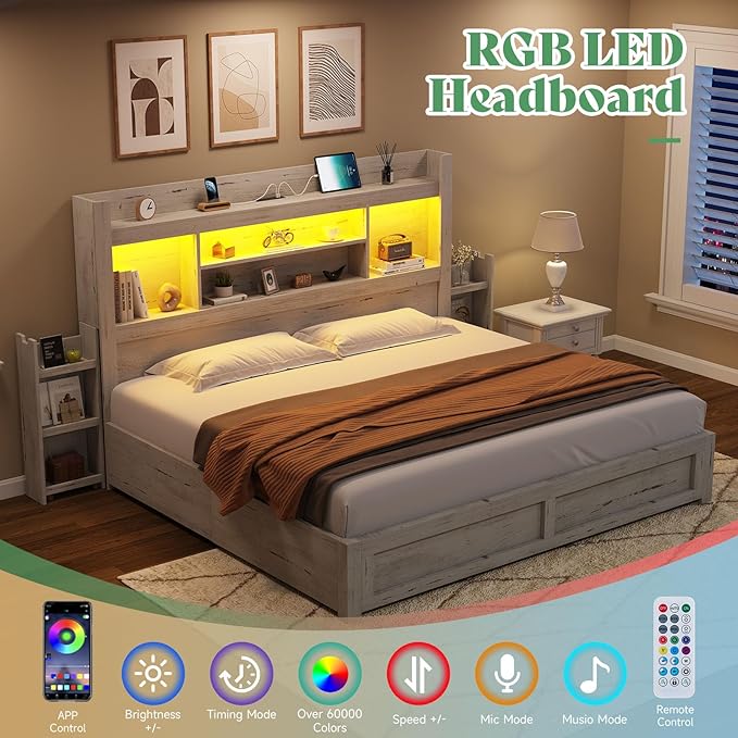 AMERLIFE King Bed Frame with 4 Storage Drawers, LED Bed Frame with 49.6" Tall Bookcase Headboard, Wood Platform Bed with 2 Slide Bedside Shelf & Charging Station, No Box Spring Needed/Distressed White