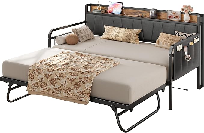 LIKIMIO Daybed with Trundle Bed, Twin XL Bed Frame with Storage Headboard and Charging Station, Sofa Day Bed with Strong Supports for Living Room, Bedroom, and Guest Room, Grey