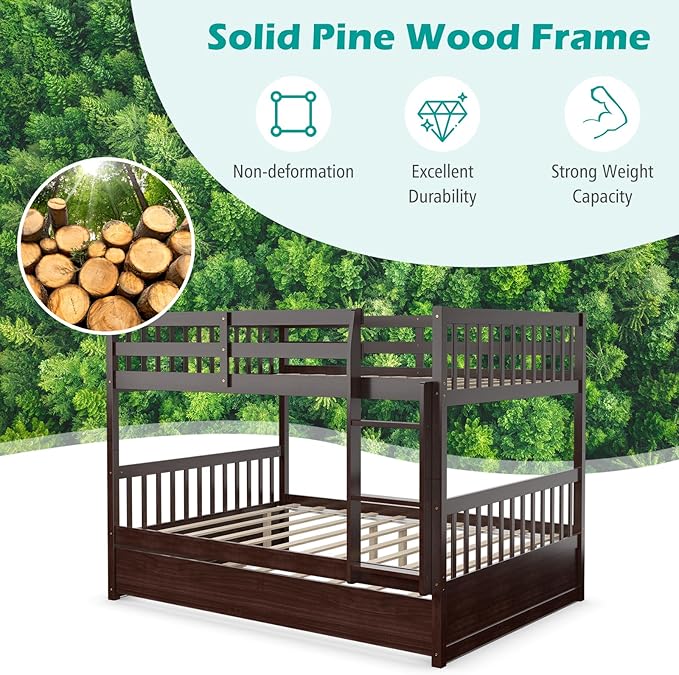 Giantex Full Over Full Bunk Bed with Trundle, Solid Wood Trundle Bed Frame w/Guardrails and Ladder, Convertible to 2 Beds, Full Size Bunk Beds for Adults Kids Teens, No Box Spring Needed,Espresso