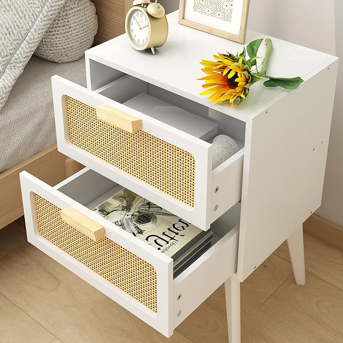 YAUKOMEL Rattan Nightstand, Wood End Table, Side Table with 2 Hand Made Rattan Decorated Drawers,Boho Bedside Table,Wood Accent Table with Storage for Livingroom, Bedroom, White CTG59W