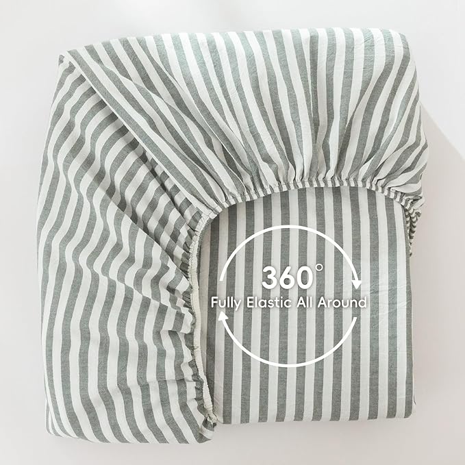 MooMee Striped Fitted Bottom Sheet Only 100% Washed Cotton Linen Like Textured Breathable Durable Soft Comfy Deep Pocket Fits Mattress up to 17" (Heathered Green Classic Stripes, Queen)