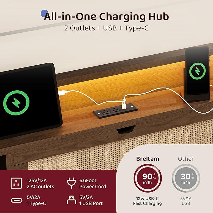 King Size Rattan Bed Frame with 4 Storage Drawers and Hidden Storage Headboard Wooden Platform Bed Frame with LED Lights and Charging Station, No Box Spring Needed, Easy Assembly, Brown