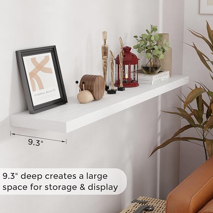 Fun Memories 55 Inch Floating Shelves for Wall, 55x9.3 Large Floating Shelf for Bedroom, Kitchen, Bathroom, Wall Mounted Rustic Wood Shelves with Invisible Bracket for Books, Decor, White