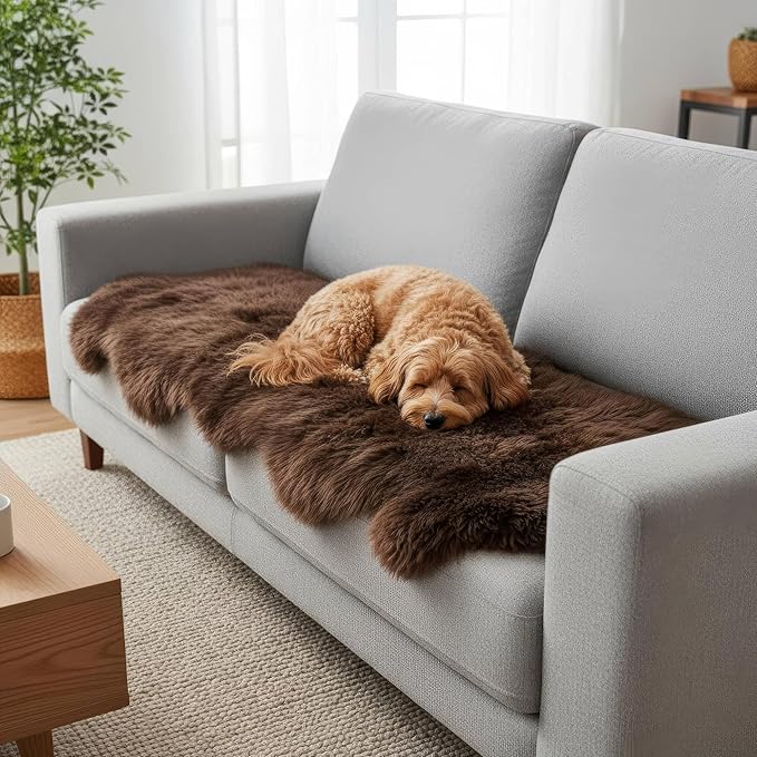 Natural & Genuine Dark Brown Sheepskin Rug, Real Fluffy Double Pelt 2x6 ft Fur Area Rug for Bedroom & Living Room Decor, Soft & Cozy Sheep Skin Throw