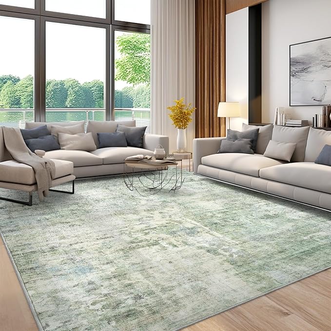 9x12 Area Rugs for Living Room, Non-Slip Machine Washable Vintage Rugs, Abstract Low Pile Lightweight Large Rug for Bedroom, Dining Room, Home Office Green Ivory