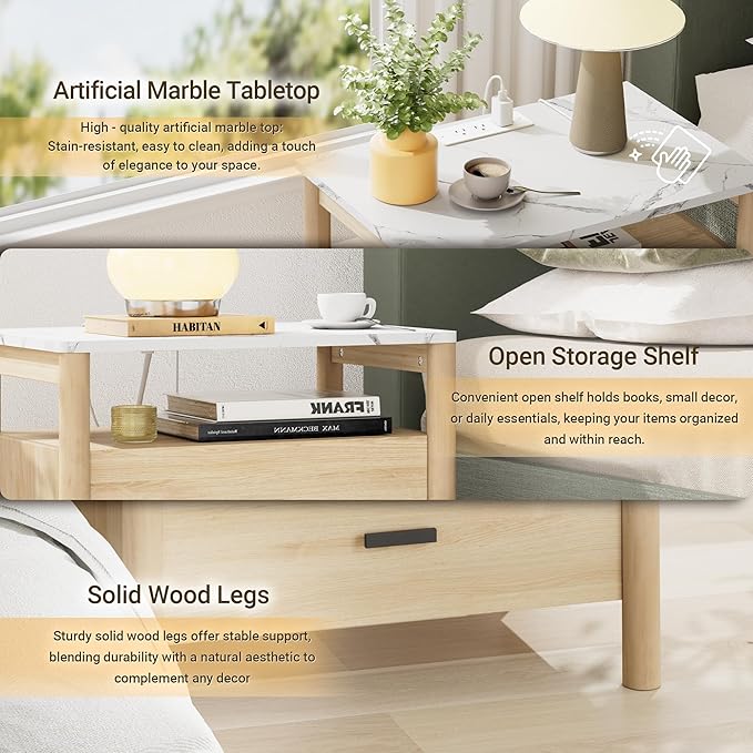 FavourLife Night Stand, 23" Wide Nightstand, Modern Large Nightstand with Charging Station & Faux Marble Top, 2 Drawer End Table with Solid Round Post Legs, Bedside Table for Bedroom, Natural Oak
