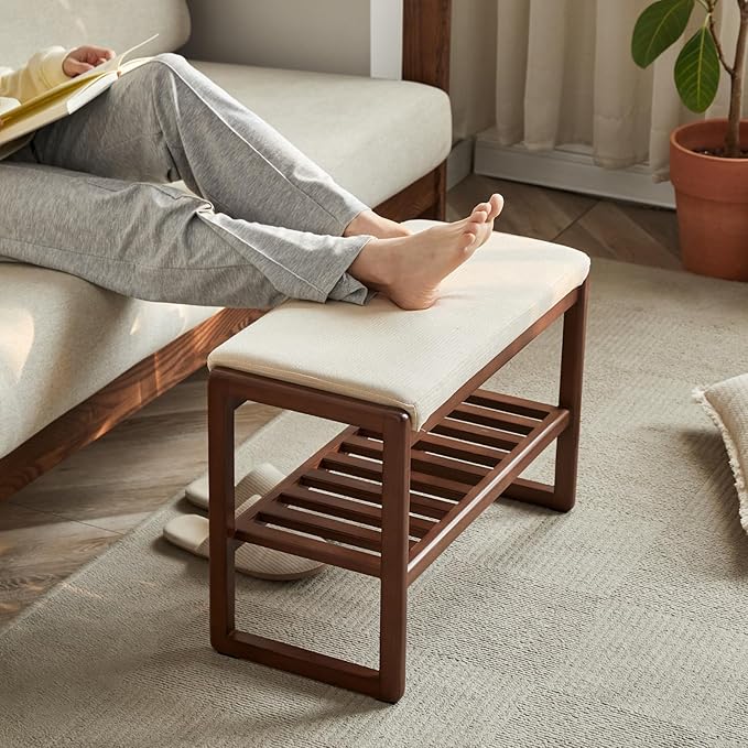 Wood Shoe Bench,2-Tier Storage Bench with Cushion Padded Seat,Entryway Bench with Shoe Storage, Small Bench for Entryway,Living Room