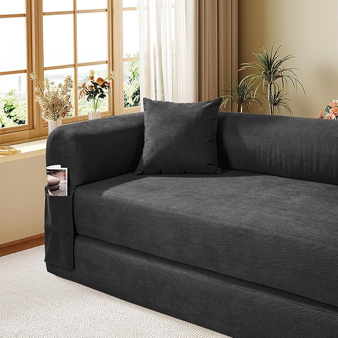 Convertible Futon Sofa Bed,80" Folding Pull Out Couch Bed with Pillows & Storage,Queen Sleeper Sofa Bed,Compressed Couch in a Box,Corduroy Boneless Couches for Living Room,Deep Gray