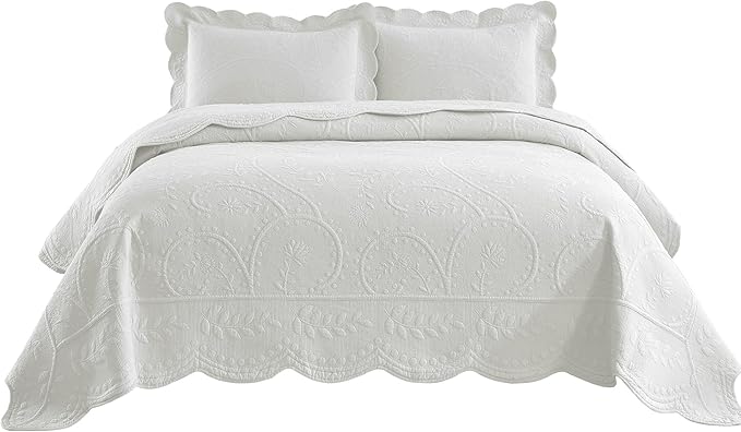 MarCielo 3-Piece 100% Cotton Oversized Bedspread Lightweight Quilt Coverlet Embroidery Farmhouse Bedding Set (TX Bright White, Oversized Queen (100"x106"))