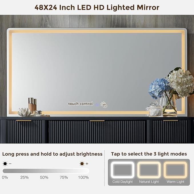 T4TREAM 48" Fluted Makeup Vanity Desk with 48" Large Mirror and HD LED Lights, Modern Vanity Table with Charging Station, Glass Top and Golden Handles Dressing Table for Bedroom,Dark Grey