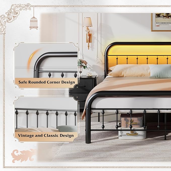 WLIVE Metal Platform Bed Frame, King Size Bed Frame with Headboard, Bed Frames with LED Lights and Charging Station, 1500LBS Mattress Foundation, Under Bed Storage, No Box Spring Needed, Black