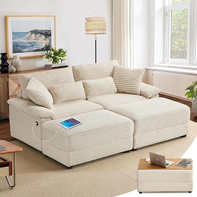 74" Double Chaise Lounge Chair Indoor, Oversized Loveseat with Removeable Ottoman, Corduroy Couch with USB Charging, Storage Ottoman, and Coffee Table Cushions for Living Room (2 Chaise Beige)