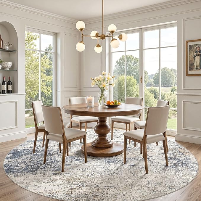 10ft Round Area Rug Living Room Rugs - 10x10 Washable Circle Rug Large Soft Indoor Neutral Modern Abstract Low Pile Carpet for Bedroom Dining Room Farmhouse Home Office - Beige Blue
