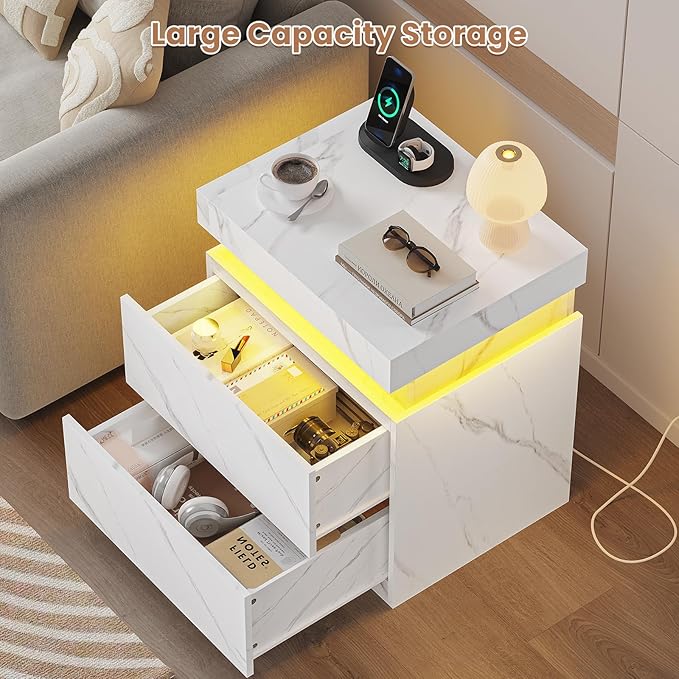 ADORNEVE Nightstand with Charging Station and LED Lights,Night Stand with Sliding Top,Bedside Table with 2 Drawers,Modern End Side Table for Bedroom,White Marble