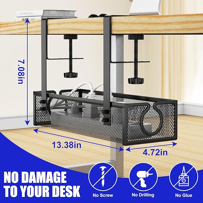 REFLYING Under Desk Cable Management Tray, Metal Long Arms (3.9in), No Drill Mesh Cable Tray, Wire Organizer, 1 Pack, Black