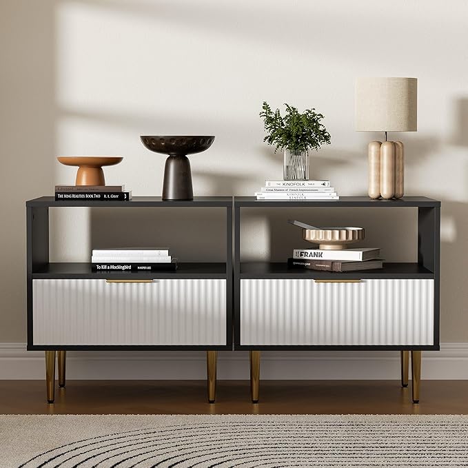 Nightstand Set of 2, Modern Nightstand with Drawer, End Table with Storage, Bed Side Table with Open Space, Night Stande for Bedroom, Side Table for Bedroom, Living Room, Black & White