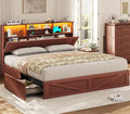 VIAGDO Farmhouse Bed Frame King Size with Bookcase Storage Headboard, Charging Station and LED Lights, Wooden King Bed Frame with 4 Drawers, Barn Door Design, No Box Spring Needed, Reddish Brown