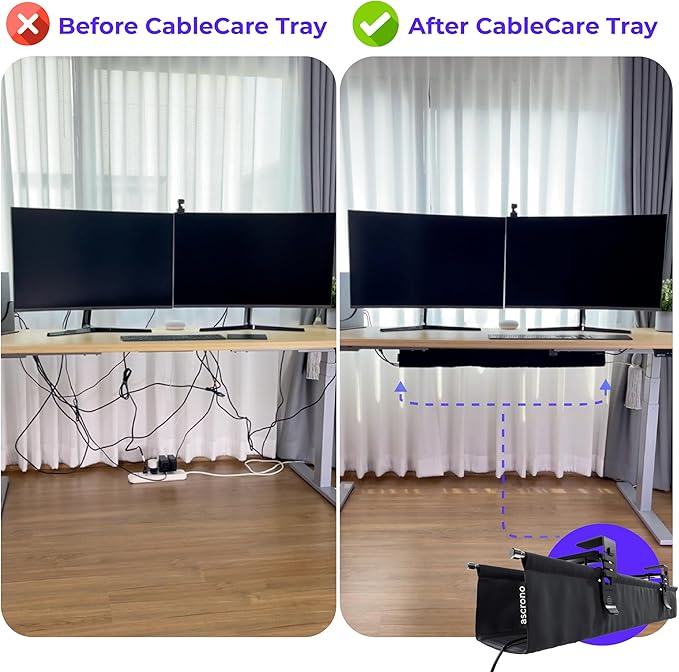 Ascrono Original No Drill Under Desk Cable Management Tray 27.3" - Premium Black Fabric Cable Management Under Desk - Clamp/Screw Mount Cord Organizer - Supports Upto 66lbs