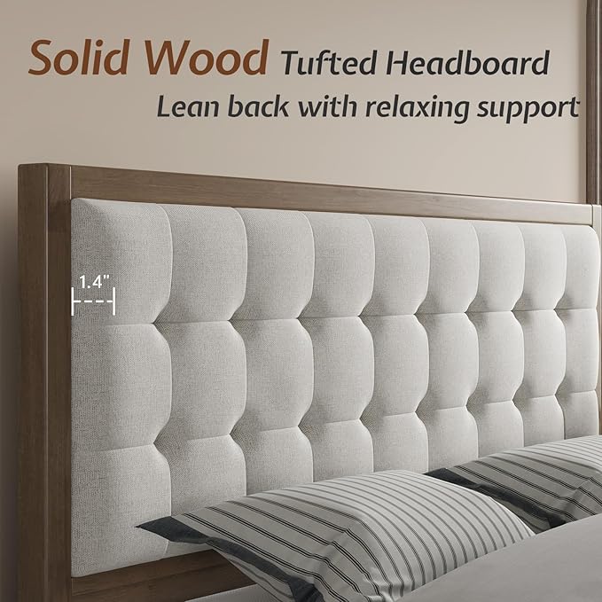 Jocisland Wood Queen Size Bed Frame,Tall Upholstered Tufted Headboard, Solid Wood Platform, No Box Spring Needed, Ash Gray