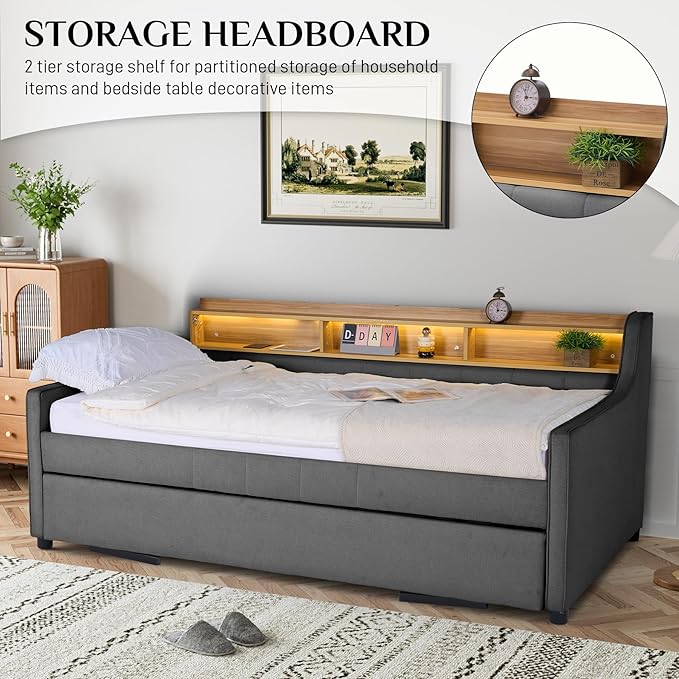 Twin Size Daybed with Pop Up Trundle Bed, Linen Upholstered Day Bed Frame with w/LED/USB/Type C/Storage Headboard, Twin to King Daybed for Living Room Bedroom, No Box Spring Needed, Dark Grey