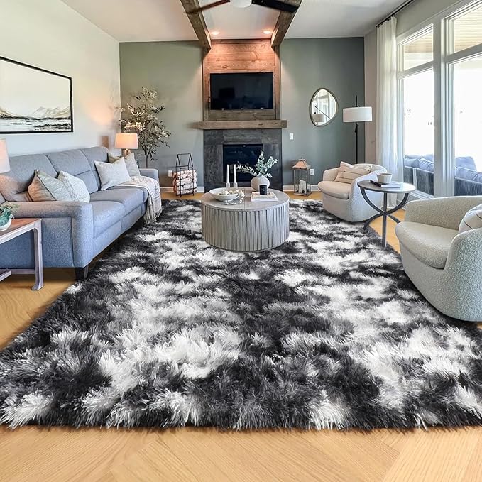 PAGISOFE Black White Rugs for Living Room 6x9, Shag Fuzzy Fluffy Washable Rugs for Bedroom Kids Room Playroom Dorm Shaggy Soft Carpet for Home Decor Aesthetic Plush Bedside Rug Modern Grey Rug