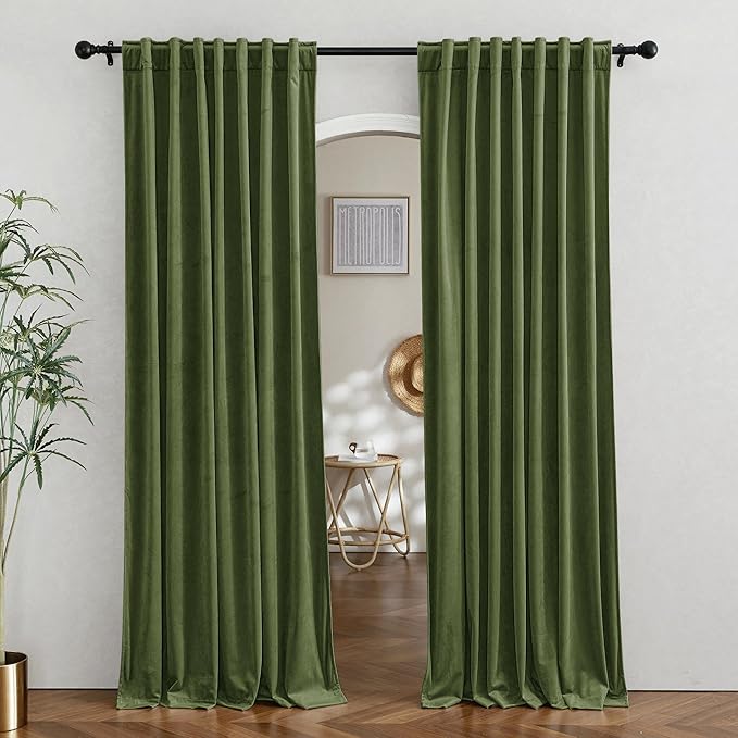 RYB HOME Velvet Room Divider Curtains for Space Separation, Noise Reduce Barrier for Nursery, Large Window Curtains for Sliding Glass Door, Olive Green, W 62 x L 84, 2 Panels Set