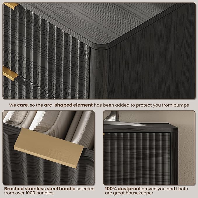 63'' Wide 9 Drawers Dresser for Bedroom,Modern Fluted Vertical Chest with Rounded Corners,Fluted Dresser for Living Room,Hallway, Black