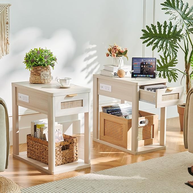 LEYAOYAO Narrow Side Table Set 2 with Charging Station,Rattan Night Stand with Drawer Storage,Natural Wood Bedside End Table with Metel Handle for Small Spaces,Boho Nightstand for Living Room Bedroom
